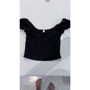 BP. Women's Off-the-Shoulder Textured Ruffle Lace Crop Top Black Size Small NWT